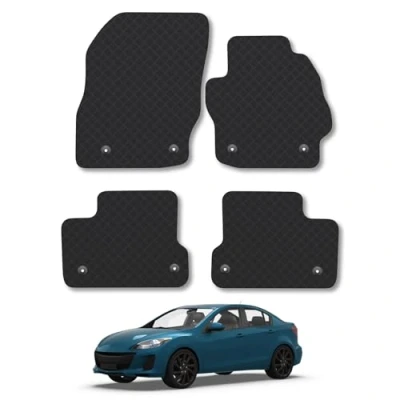 Image of Rubber Car Mats Compatible with Mazda 3 (2009 2013) Tailored Fit Floor Set Accessory Black Custom 4 Pieces Clips Anti Slip Backing, Heavy Duty &amp; Waterproof