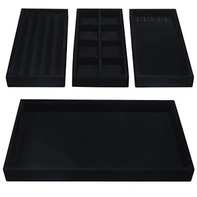 Image of Belle Vous 4 Pack of Black Velvet Stackable Jewellery Organiser Storage Trays 35.3 x 24.2cm/13.89 9.52 inches Drawer Display Boxes Removable Sections for Necklaces, Rings, Bracelets &amp; Earrings