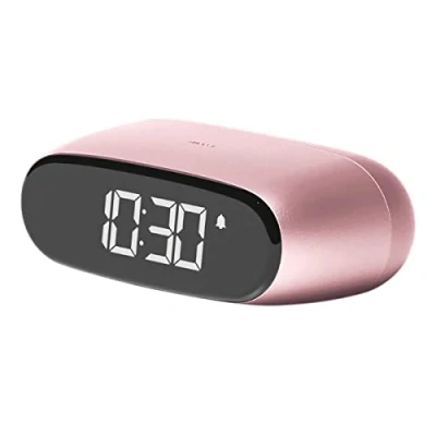Image of Lexon MINUT Mini Compact Alarm Clock with VA LCD Screen Pure Black, Touch Control, Snooze Function and Backlight, Rechargeable Battery, Aluminium Finish Pink