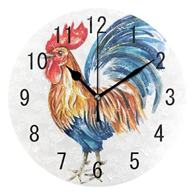 Image of Use7 Home Decor Watercolor Rooster Animal Round Acrylic Wall Clock Non Ticking Silent Art for Living Room Kitchen Bedroom