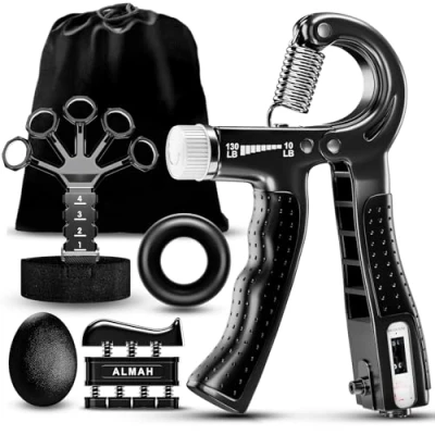 Image of ALMAH Hand Grip Strengthener kit（5 Pack）, Forearm Workout Trainer Adjustable Exercise,Finger Strength Exerciser, Finger Stretcher, Ring &amp; Stress Relief Ball with Carry Bag