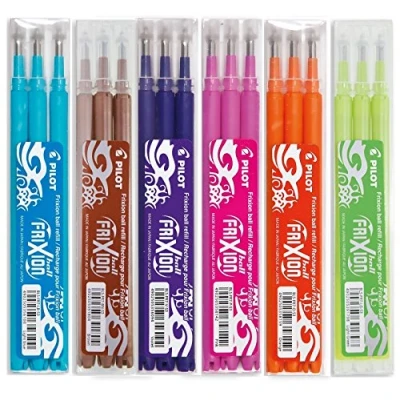 Image of Pilot FriXion Rollerball Pen 6 Color Refill Sets of 3 Pieces Each Green, Orange, Pink, Purple, Brown, Light Blue