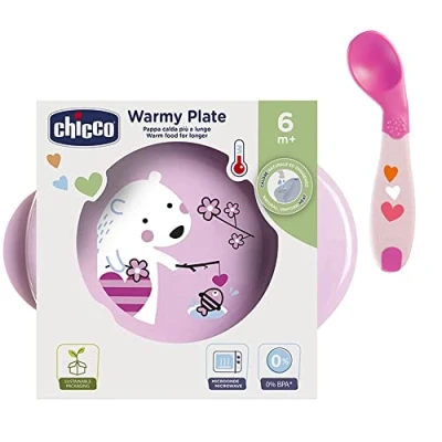 Image of Chicco Food Start Set Warming Plate Learning Spoon Angled BPA Free