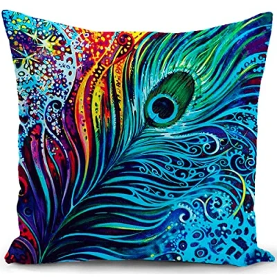 Image of KUNQIAN Cushion Cover Peacock Gift for Women Feather Blue Olive Pillow Decor Home Livingroom Couch Bed Sofa Decorate Throw Case 18&quot;x18&quot;
