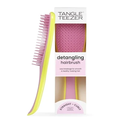 Image of Tangle Teezer The Ultimate Detangler Hairbrush For Wet &amp; Dry Hair Detangles All Types Reduces Breakage, Eliminates Knots Two Tiered Teeth Comfortable Handle Hyper Yellow Rosebud