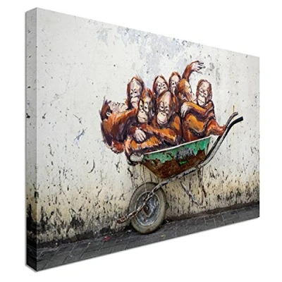Image of Orangutans wheelbarrow Street Art 12x16 inches canvas Cheap Wall Print, classic style prints, premium wooden frames