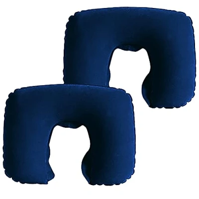Image of Pack of Two Inflatable Blow up Neck Pillow for Holiday and Travel Comfort. Compact Light Easy Storage (Royal Blue)