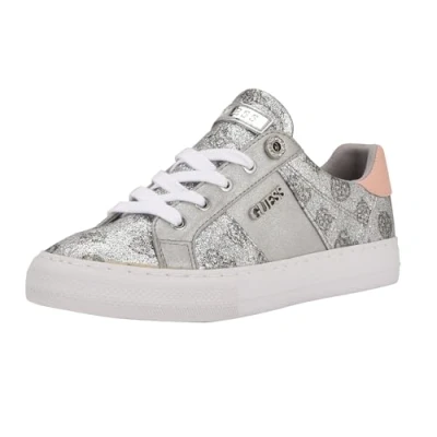Image of GUESS Women&#039;s Loven Sneaker, Silver/Pink Glitter Logo 099, 5 UK