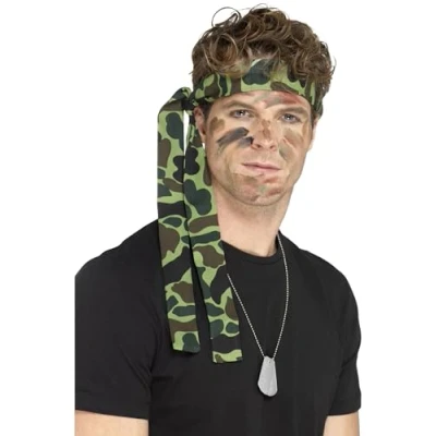 Image of Smiffys Army Headband, Camouflage 150cm x 4cm, Land, Sea and Air Forces Fancy Dress, Adult Dress Up Accessories