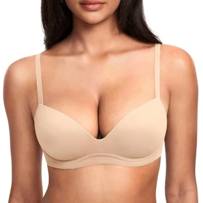 Image of DOBREVA Women&#039;s Push Up Bra Plunge Wireless Comfortable T Shirt Padded Bras Beige 42B