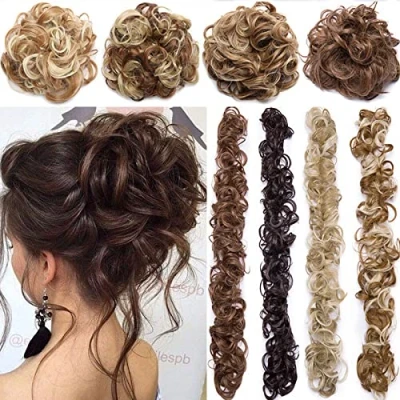 Image of Bun Up Do Hair Piece Ribbon Ponytail Extensions Wavy Curly Donut Chignons Wig Medium Brown Hairpiece