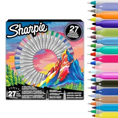 Image of Sharpie Permanent Markers Pen Gift Set Fine Point &amp; Ultra Colouring Pens Assorted Colours Includes 2 Pages 27 Marker