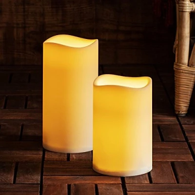 Image of Lights4fun Set of 2 Large Outdoor Waterproof Flameless LED Pillar Candles Battery Operated with Timer