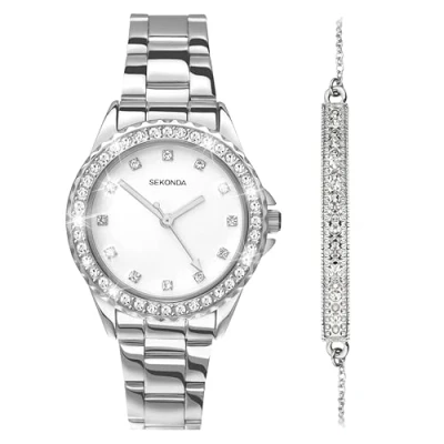 Image of Sekonda Elizabeth Gift Set Silver Bracelet White Dial Women&#039;s Quartz Watch 33mm with Stone Case, Analogue Display and Stainless Steel