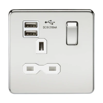 Image of KnightsBridge 13A 1G Screwless Polished Chrome Switched Socket with Dual 5V USB Charger Ports White Insert