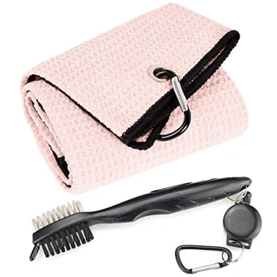 Image of Mile High Life Microfiber Waffle Pattern Tri fold Golf Towel Brush Tool Kit with Club Groove Cleaner, Retractable Extension Cord and Clip (Gray Towel+Black Brush)