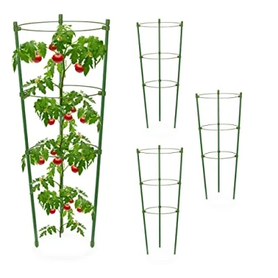 Image of Relaxdays Climbing Aid Set of 4, Metal &amp; Plastic, 45 cm, 3 Adjustable Rings, Trellis Frame Vines Garden Plants, Green, 80% Iron 10%