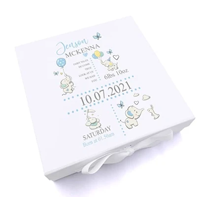 Image of ukgiftstoreonline Personalised Baby Boy Elephants Design Keepsake Memory Box (Large)