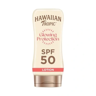 Image of Hawaiian Tropic Glowing Protection Sunscreen Lotion, Water Resistant SPF 50 UVA plus UVB Suncream, Tropical Scent Sun Lotion with Shea Butter, 180 ml