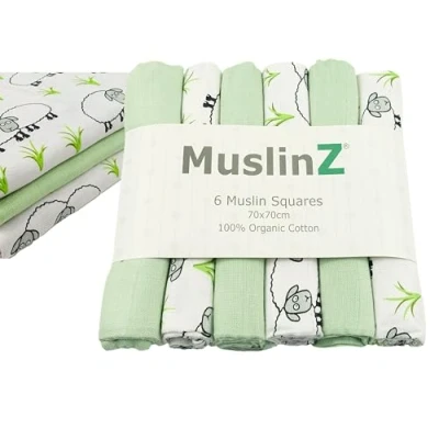 Image of MuslinZ 100% Organic Cotton Muslin Cloths for Baby, Baby Essential Burp Large 70cm size, soft and breathable (Sheep Mix Organic)