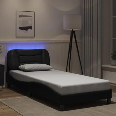 Image of vidaXL Black Single Faux Leather Bed Frame with LED Lighting and Supportive Plywood Slats Stylish Wave Design, 90x190cm Size