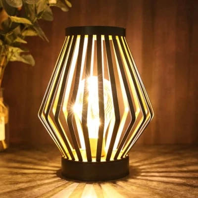 Image of JHY DESIGN Table Lamp Battery Powered, Metal Cage Desk 22cm High Cordless Bedside for Bedroom Weddings Living Room Indoor Outdoor Hallway Valentine&#039;s Day(Bronze, Diamond Shape)