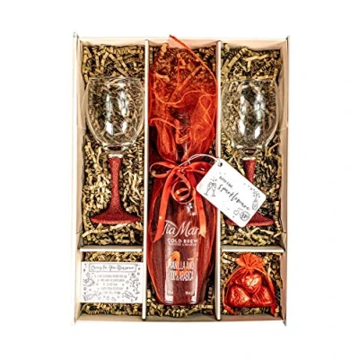 Image of Tia Maria Coffee Liqueur 70cl Gift Set Hamper With 2 Sparkling Red Wine Glasses, Belgian Chocolates and Box For Lover, Him Her (Sparkling Stems)