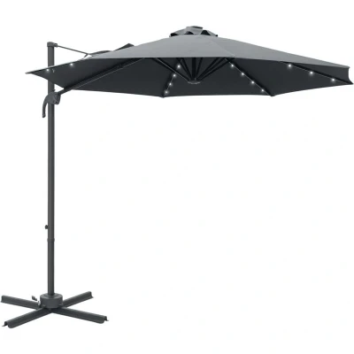 Image of Outsunny 3(m) Cantilever Roma Parasol Patio Sun Umbrella with Crank &amp; Tilt LED Solar Light Cross Base 360 Rotating Outdoor, Dark Grey
