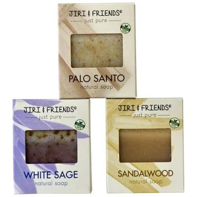Image of Jiri &amp; Friends Pack of 3 100% Vegan Natural Soap Set Palo Santo, White Sage and Sandalwood Luxurious Aromatic Bathing Handmade Moisturizing Cleansing Delight