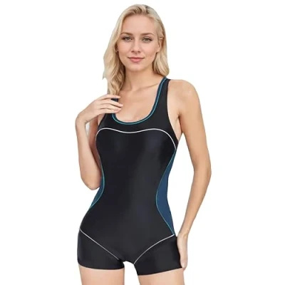 Image of BEACHKINI Swimwear Women&#039;s Boyleg One Piece Swimsuit Sports Swimming Open Back Competitive Bathing Suit,Black Blue,UK 14