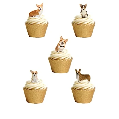 Image of 30 Stand Up Corgi Dog Puppy Themed Edible Wafer Paper Cake Toppers Decorations