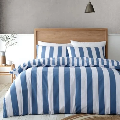 Image of Catherine Lansfield Cove Stripe Reversible King Duvet Cover Set with Pillowcases Blue
