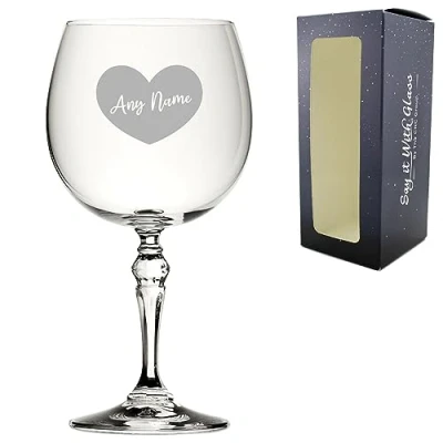 Image of Personalised Engraved Crystal Gin and Tonic Cocktail Glass with Name in Heart Design, Personalise Any for Occasion, Gift Box Included, Laser