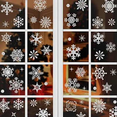 Image of Christmas Window Stickers, 93 Pcs Silver Glitter Snowflake Stickers Decorations Reusable Clings Decals for Xmas Display and (9 Sheets)