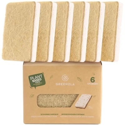 Image of Greenzla Natural Kitchen Sponges 6 Pack Plant Based Biodegradable Sisal Hemp Dish Sponge Eco Friendly, Zero Odor, Non Scratch Scouring Pad for Countertops, Bathtubs, Tiles, and More