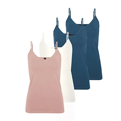 Image of VERO MODA Women&#039;s Vmmaxi My Soft V Singlet Top, Multicoloured (2 x Insignia Blue, 1 Woodrose, Snow White), M