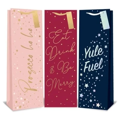 Image of Tallon XB0118B Christmas Wine/Spirit Bottle Bags Red Blue Pink Slogan Designs Pack of 12