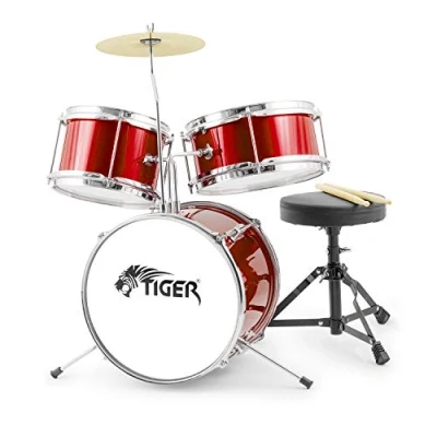Image of TIGER JDS7 RD Junior Kids Drum Kit 3 Piece Beginners Childrens Set with Snare, Tom, Bass Drum, Pedal, Cymbal, Throne and Sticks Red