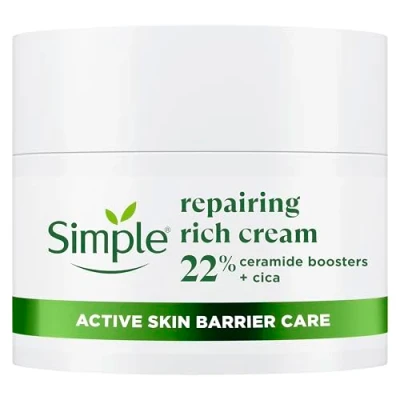 Image of Simple Repairing Rich Face Cream facial moisturiser with 22% ceramide boosters, organic cica and provitamin B5 for a stronger skin barrier repairs replenishes very dry, sensitive 50 ml