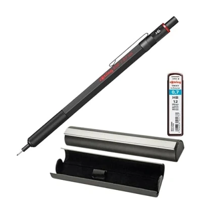 Image of rOtring 600 Mechanical Pencil Set 12 leads 0.7 mm HB Black All Metal Body Propelling in an elegant magnetically closed Case