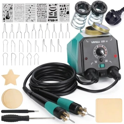 Image of YIHUA 939 VI Dual Pen Pyrography Wood Burning Tool Set with 23 Wire Nibs, Detachable Pen, 6 Pieces, Stencils, Screwdriver and Tweezers Used as Kit (UK Plug)