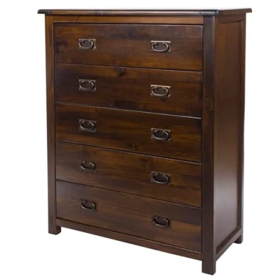 Image of Home Source Denver Chest Cabinet, Solid Pine Dresser Bedroom Storage, 5 Drawer, Wood
