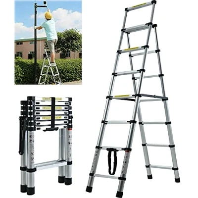 Image of 7 Step Ladder Aluminium Telescopic Heavy Duty Tall Stepladder 150kg/330lbs Capacity Anti Slip Safety EN131 Standard