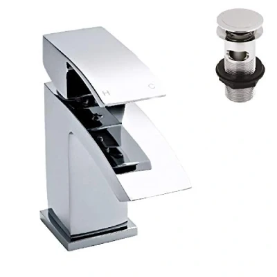 Image of nuie TSI315 Vibe Modern Cloakroom Bathroom Square Lever Handle Mini Mono Basin Mixer Tap with Free Push Button Waste, 48 x 137 131mm, Chrome