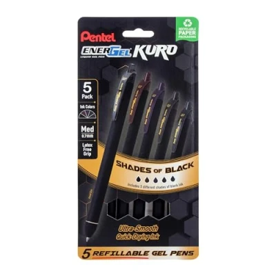 Image of Pentel EnerGel Kuro Retractable Liquid Gel Pen, Shades of Black, 0.7mm tip, Assorted black ink, Pack 5 pens (BL437PF5MA)