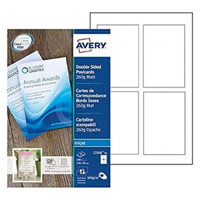 Image of Avery C2318 25 Printable and Customisable Double Sided Invitation Cards, Postcards, Flash Cards. 4 Cards Per A4 Sheet, White