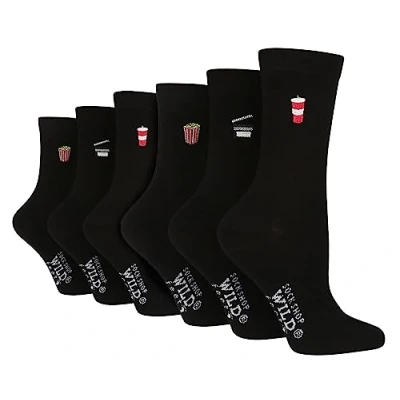 Image of WILDFEET 6 Pair Multipack Ladies Black Novelty Socks Cute Embroidered Crew Cotton (4 8, Movies)