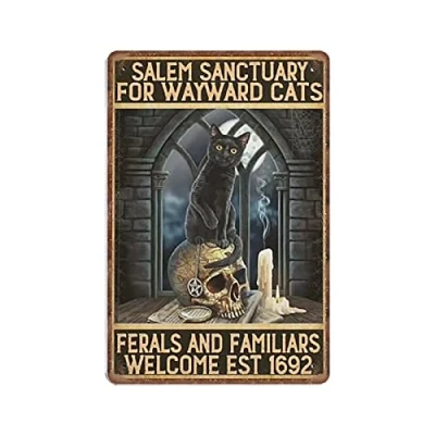 Image of Dreacoss Salem Sanctuary for Wayward Cat Tin Signs, Halloween Black Retro Funny Metal Sign Vintage Poster Wall Art Kitchen Garden Bathroom Farm Home Coffee Decor Sign, 20x30 cm