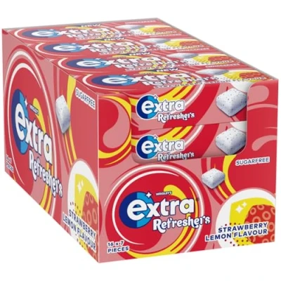 Image of Wrigley&#039;s Extra Refreshers Chewing Gum, Strawberry Lemon Flavour, 16 Packs of 7 Pieces, Sugar Free Gum Bulk Pack with Xylitol, Handy Box (112 pieces)