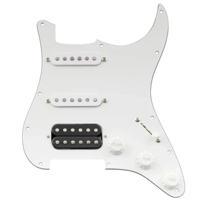 Image of Musiclily Pro Auto Split Pre wired Standard HSS Pickguard with Artec Pickups Alnico 5 Magnet for ST Style Electric Guitar, 3ply White